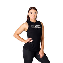 Load image into Gallery viewer, Front facing smiling woman with her hand on hip wearing black activewear leggings with pockets and a black shirt with a logo on the front chest and the words Strong Girls Co.
