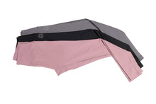 Load image into Gallery viewer, Three pairs of activewear leggings, grey, black and pink, laid flat and folded, overlapping each other with small logos on each.
