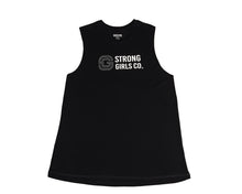 Load image into Gallery viewer, A black sleeveless shirt laid flat with a logo on the front chest and the words Strong Girls Co.
