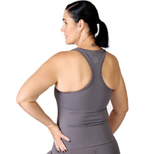 Load image into Gallery viewer, Back of a woman wearing grey activewear leggings and a grey racer back style top with a small  logo in the upper middle back.
